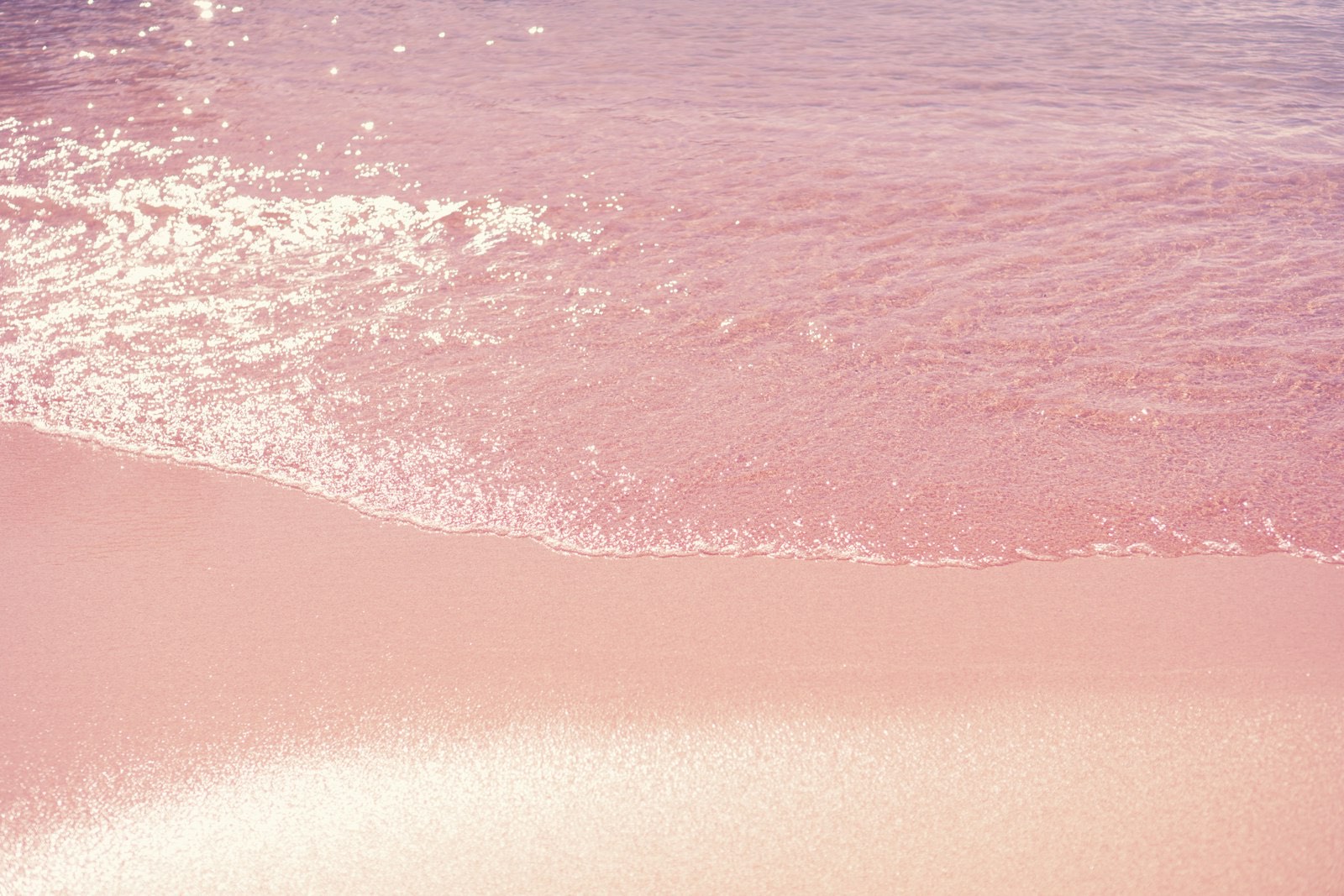 Pink-tinged sand meeting calm clear water at Pink Beach Tangsi in southeast Lombok